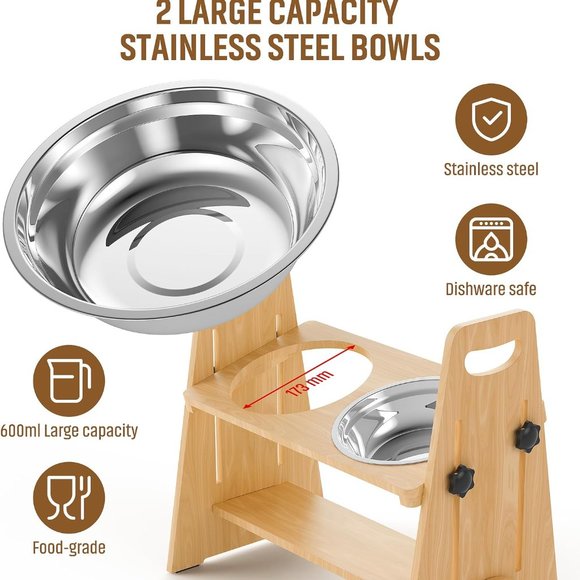 NEW-Elevated Adjustable Wooden Dog Bowls Stand with Stainless Steel Dog Bowls - Picture 3 of 5